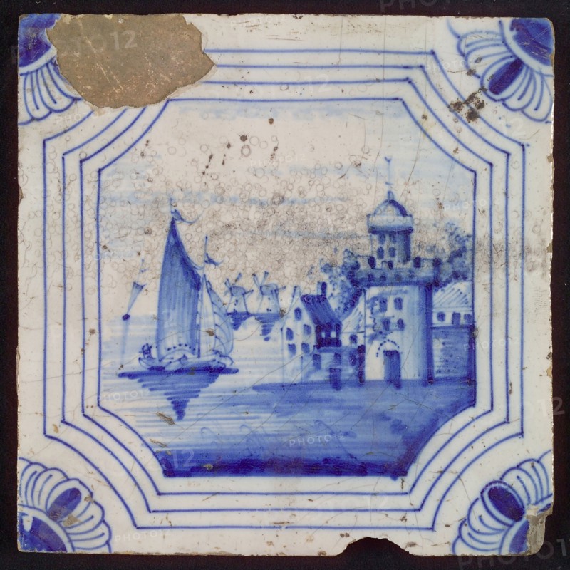 Scene tile, city wall and towers on the water, corner motif quarter rosette, wall tile tile sculpture ceramic earthenware glaze