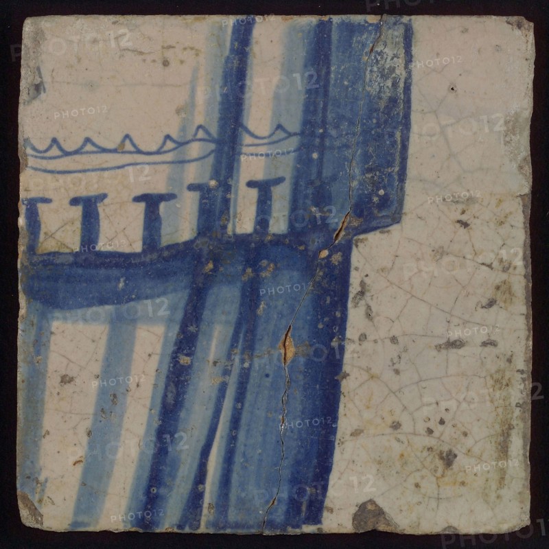 Tile with blue drawing, tile picture footage fragment ceramics pottery glaze, d 1.1