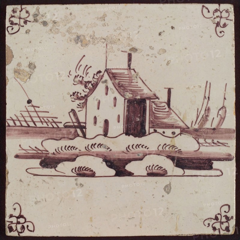 Scene tile, house with shed, corner motif spider, wall tile tile sculpture ceramic earthenware glaze, baked 2x glazed painted