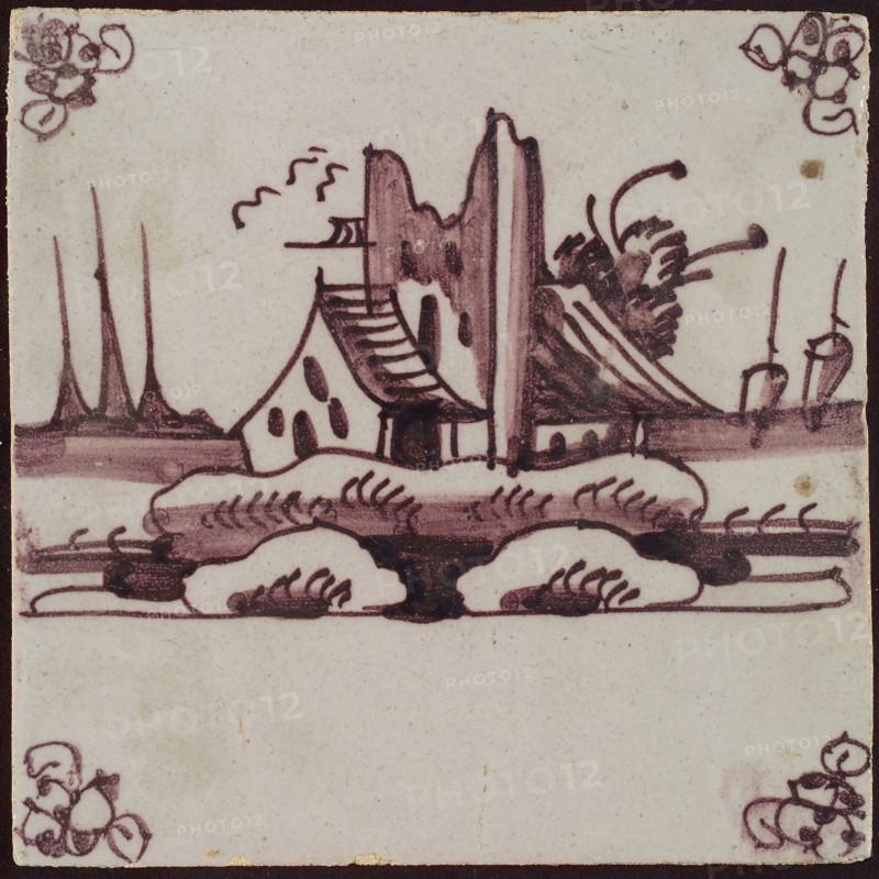 Scene tile, house with broken tower, corner pattern spider, wall tile tile sculpture ceramic earthenware glaze, baked 2x glazed