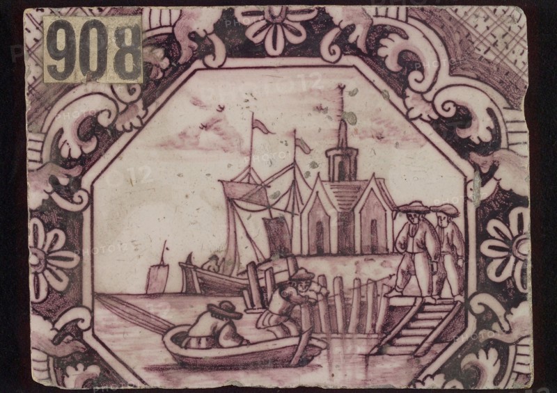 Scene tile, octagon boat with men, wall tile tile sculpture ceramic earthenware glaze, baked 2x glazed painted Purple on white