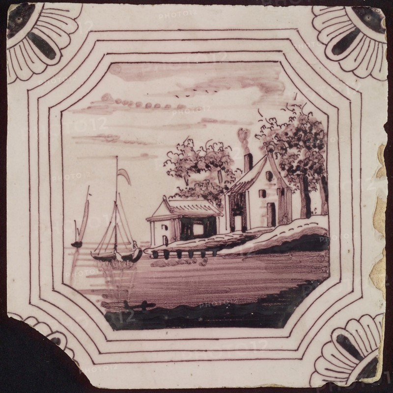 Scene tile, in octagon two houses with trees on hill, corner motif quarter rosette, wall tile tile sculpture ceramic earthenware