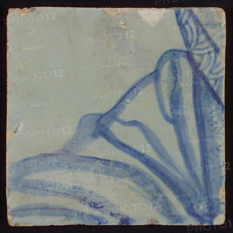 Tile with blue drawing, tile picture footage fragment ceramics pottery glaze, d 1.2