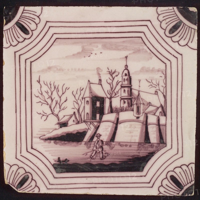 Scene tile, in double curved octagon, church with houses, corner motif quarter rosette, wall tile tile sculpture ceramic