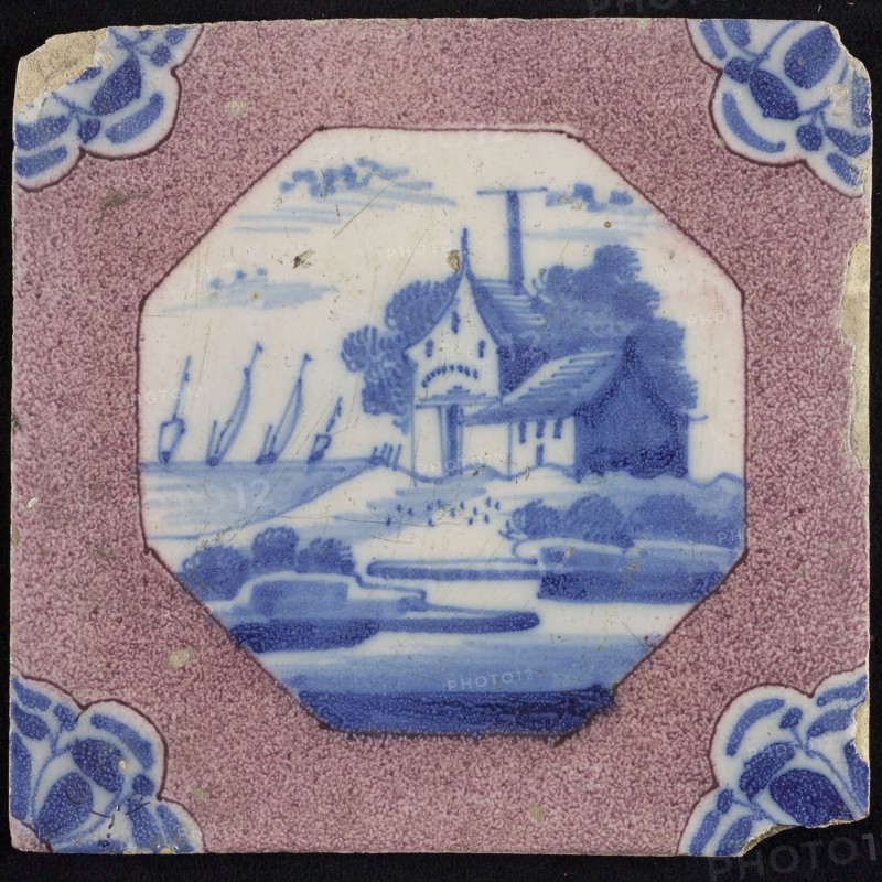 Scene tile, house and barn on hill, corner motif in blue quarter rosette, wall tile tile sculpture ceramic earthenware glaze
