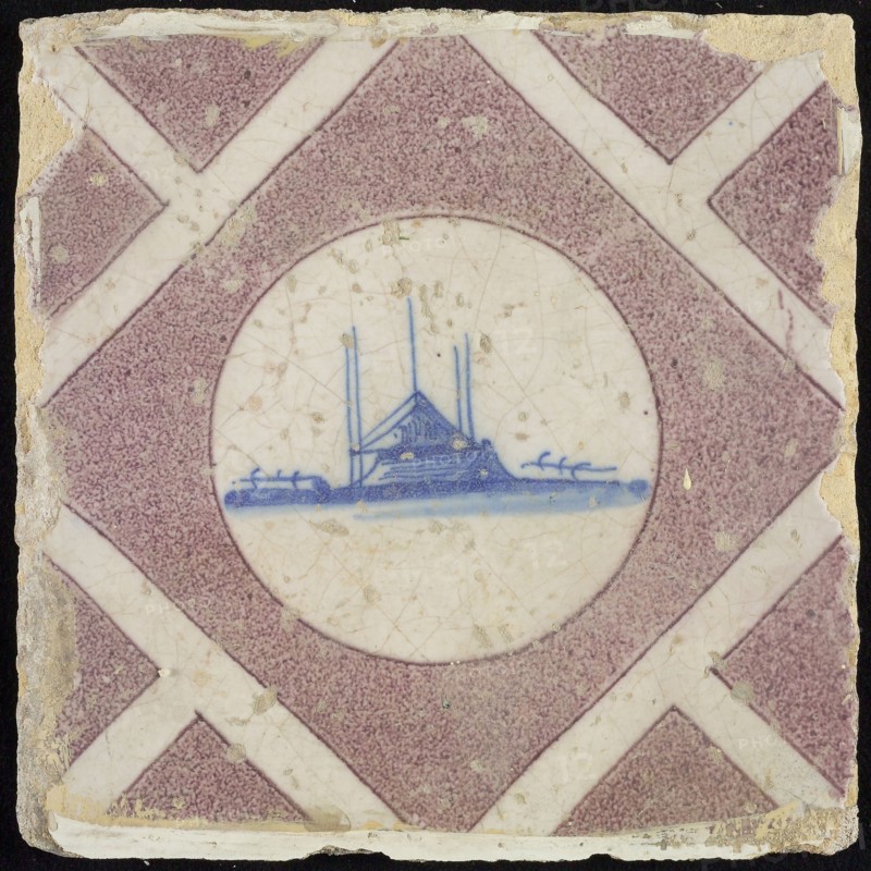 Scene tile, house and haystack, corner pattern half purple squares and white band, wall tile tile sculpture ceramic earthenware