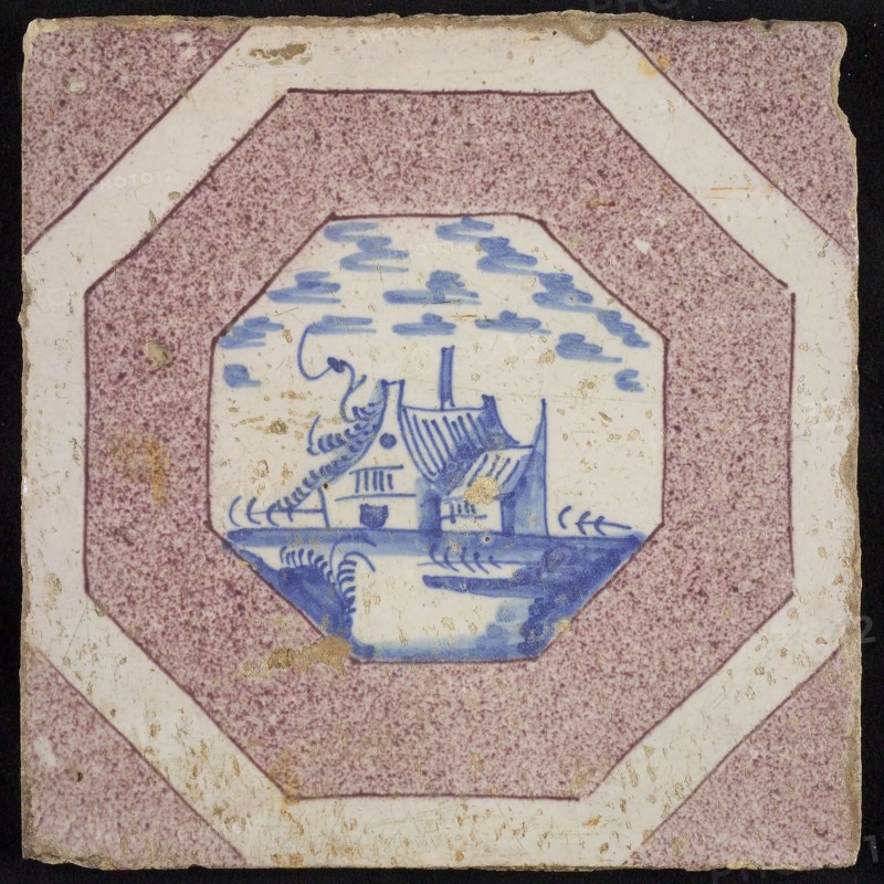 Scene tile, house, corner motif quarter purple square, wall tile tile sculpture ceramic earthenware glaze, baked 2x glazed