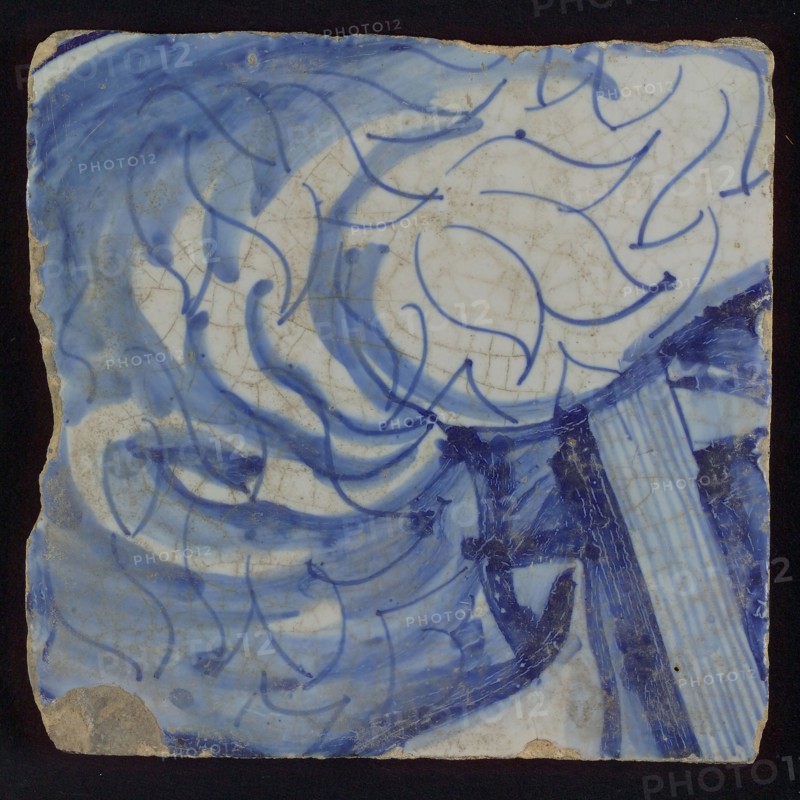 Tile with blue drawing, tile pilaster footage fragment ceramic pottery glaze, d 1.1