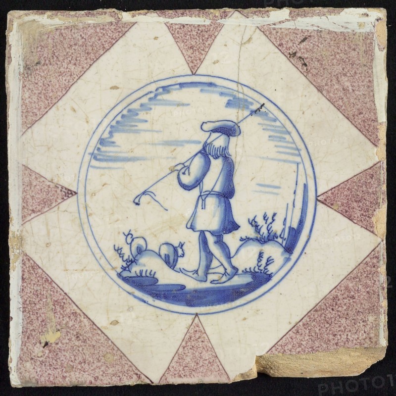 Figure tile, shepherd on the back seen in sheep, wall tile tile sculpture ceramic earthenware glaze, baked 2x glazed painted