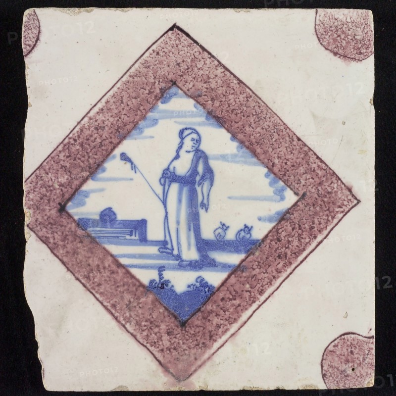 Figure tile, shepherdess with staff, corner motif half purple circle, wall tile tile sculpture ceramic earthenware glaze, baked