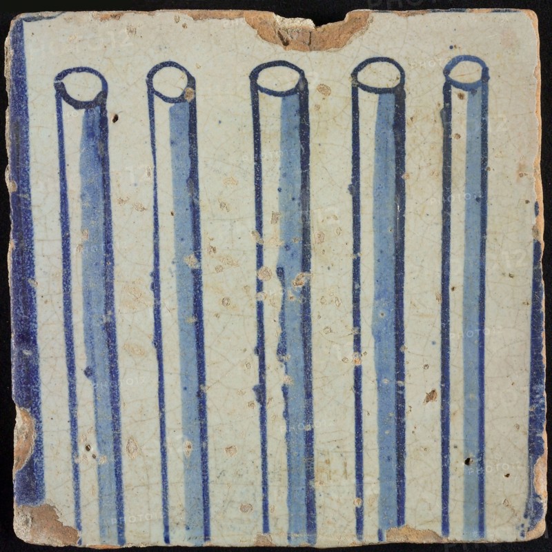 Tile of chimney pilaster, blue on white, part of column with cannelure, chimney pilaster tile pilaster footage fragment ceramics