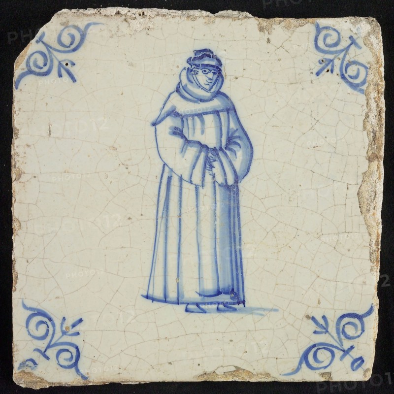 Figure tile, Franciscan Monk, corner motif ox's head, wall tile tile sculpture ceramic earthenware glaze, baked 2x glazed