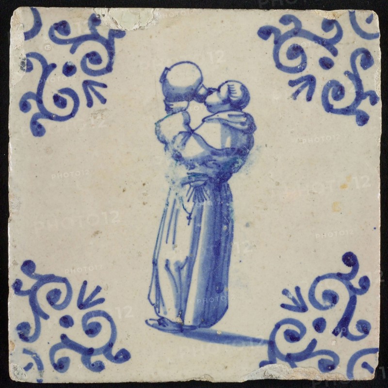 Figure tile, Franciscan Monk with jug, corner motif oxen head, wall tile tile sculpture ceramic earthenware glaze, baked 2x
