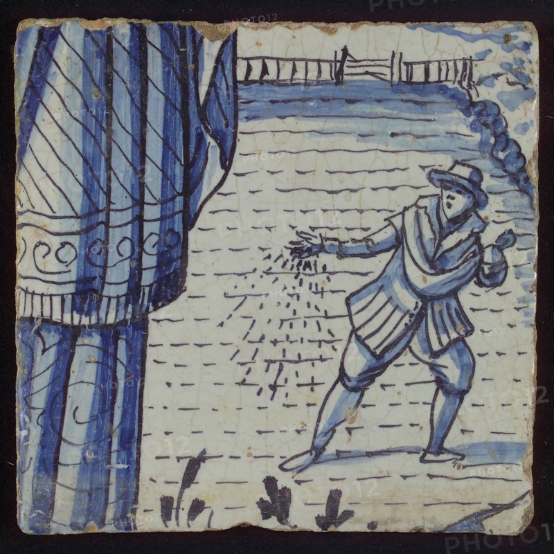Tile from tableau 'Hoop' with in blue sower on land, tile picture footage fragment ceramic pottery glaze tin glaze, in shape
