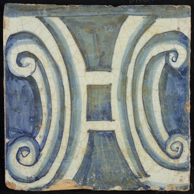 Tile of chimney pilaster, blue on white, part of column with curled H-shaped capitals, chimney pilaster tile pilaster footage