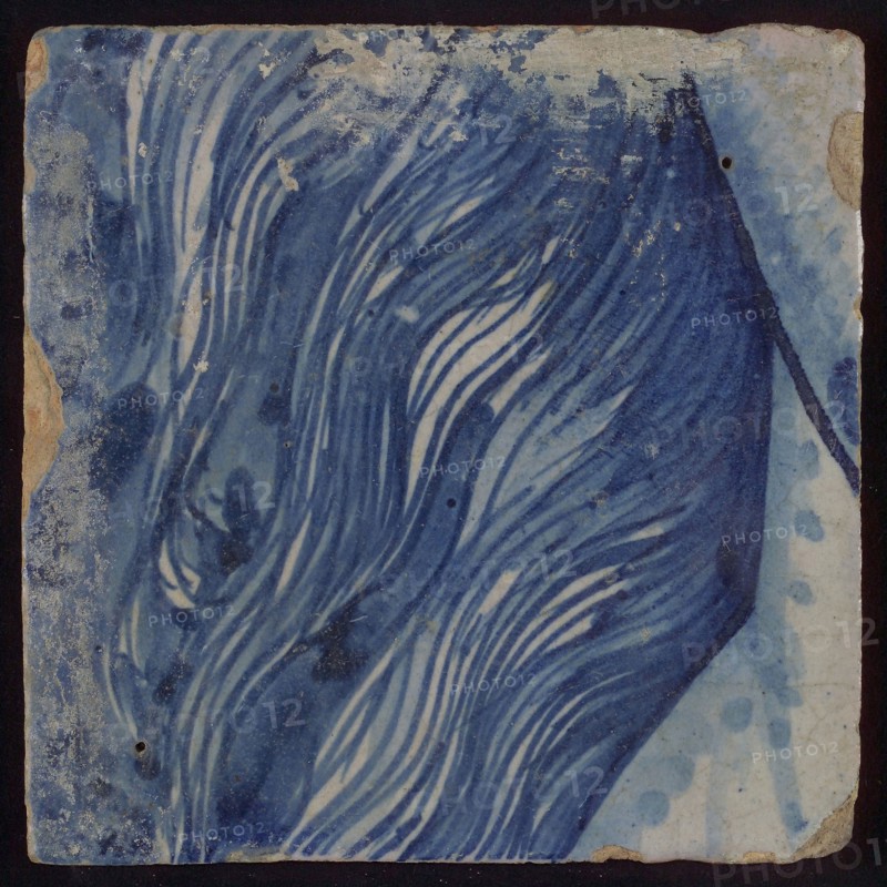 Tile with blue hair, tile picture footage fragment ceramics pottery glaze, d 1.4