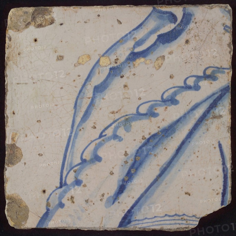 Tile with blue drawing, tile pilaster footage fragment ceramic earthenware glaze, d 1.5