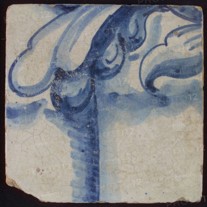 Tile with blue drawing, tile pilaster footage fragment ceramics pottery glaze, d 1.6