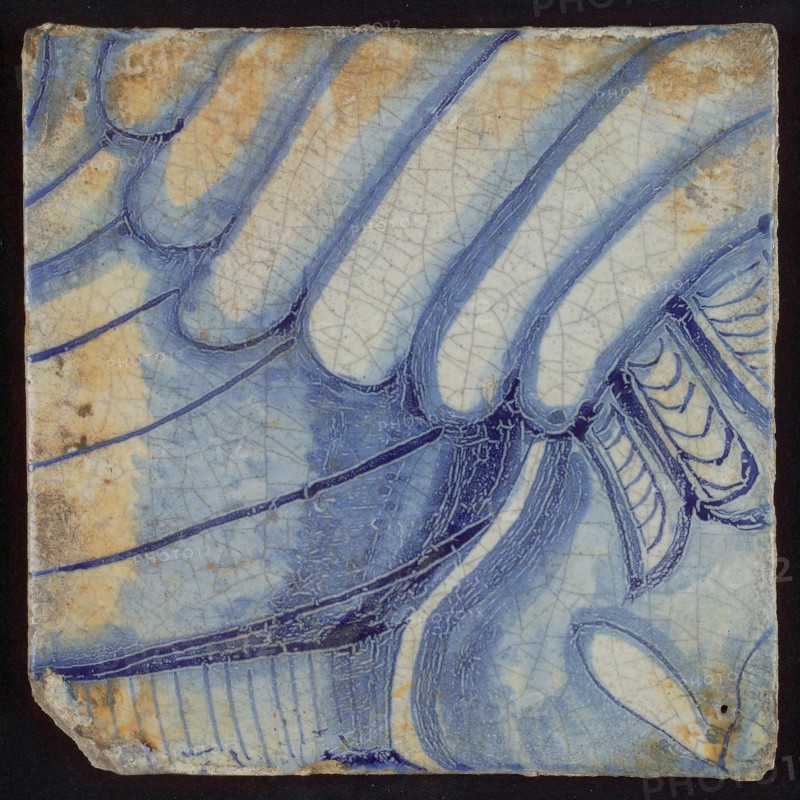 Tile with blue drawing, tile pilaster footage fragment ceramics pottery glaze, d 1.1