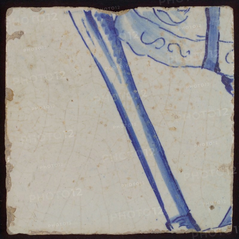 Tile with blue drawing, tile pilaster footage fragment ceramics pottery glaze, d 1.1
