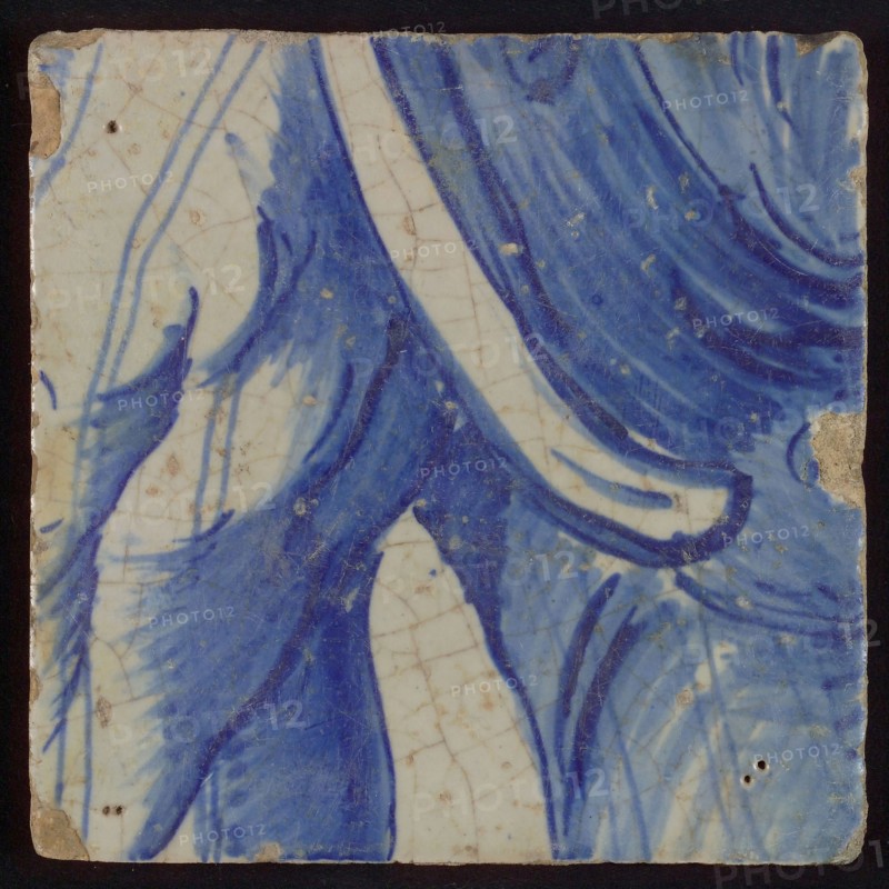 Tile with blue drawing, tile pilaster footage fragment ceramic earthenware glaze, d 1.1