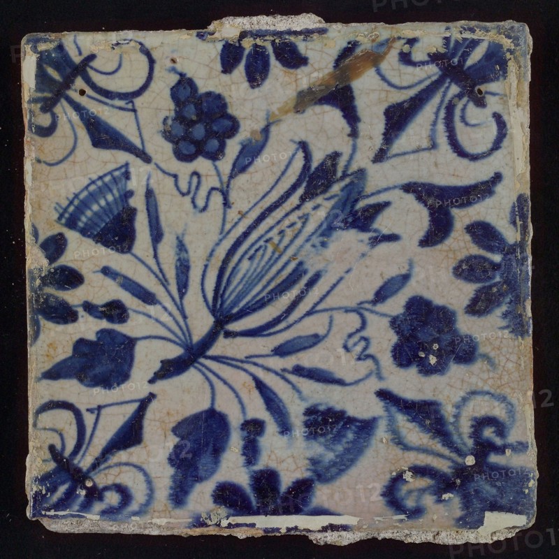 Ornament tile, diagonally placed tulip with rosette, corner pattern french lily, wall tile tile image ceramics pottery glaze