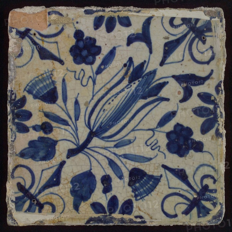 Ornament tile, diagonally placed tulip with rosette, corner pattern french lily, wall tile tile sculpture ceramic earthenware