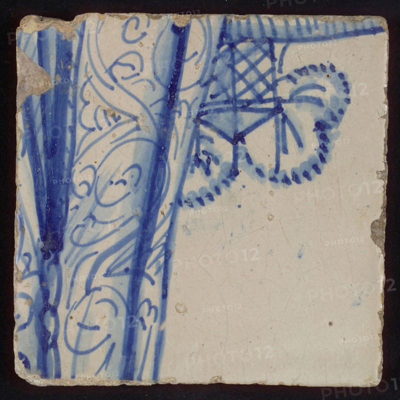 Tile with blue painting, tile pilaster footage fragment ceramic earthenware glaze, d 1.2