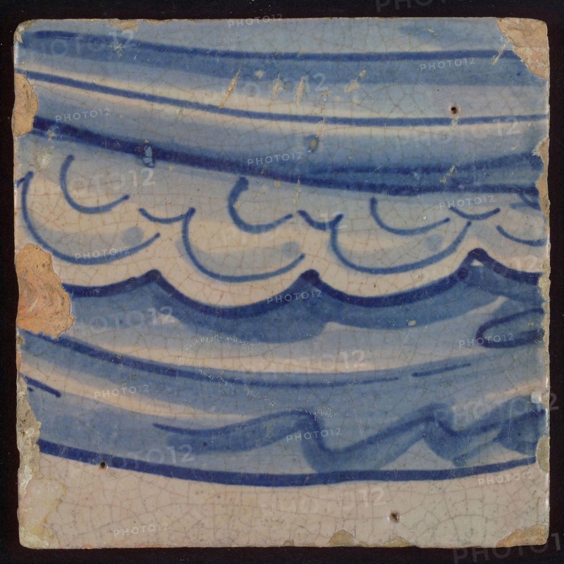 Tile with blue drapery of canopy, tile pilaster footage fragment ceramic earthenware glaze, d 1.2