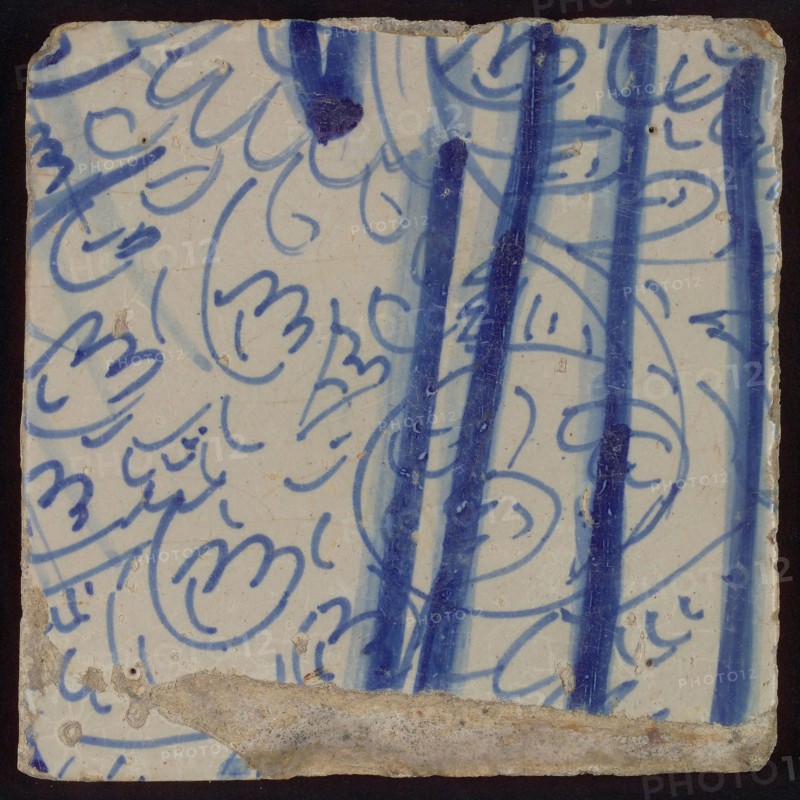 Four blue tiles with two feet and part of dress, tile pilaster footage fragment ceramic pottery glaze, d 1.1
