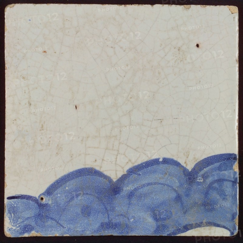 White tile with blue border, tile pilaster footage fragment ceramic earthenware glaze, d 1.3