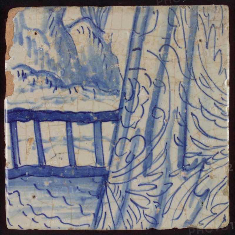 Tile with blue pleated fabric and landscape, tile picture footage fragment ceramics pottery glaze, d 1.3