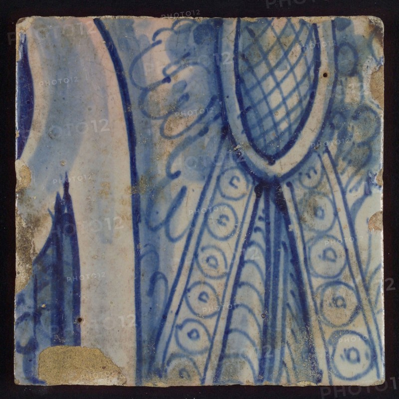 Tile with blue clothes?, tile picture footage fragment ceramics pottery glaze, d 1.3