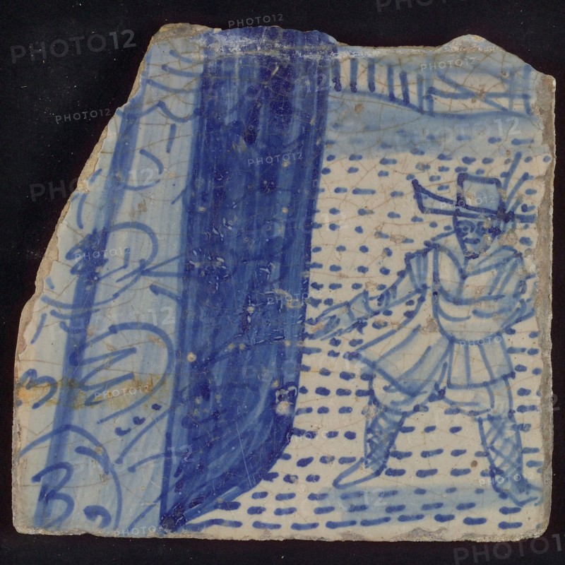 Loose tile of tableau 'Hoop', on which sower in blue, tile picture footage fragment ceramics pottery glaze tin glaze