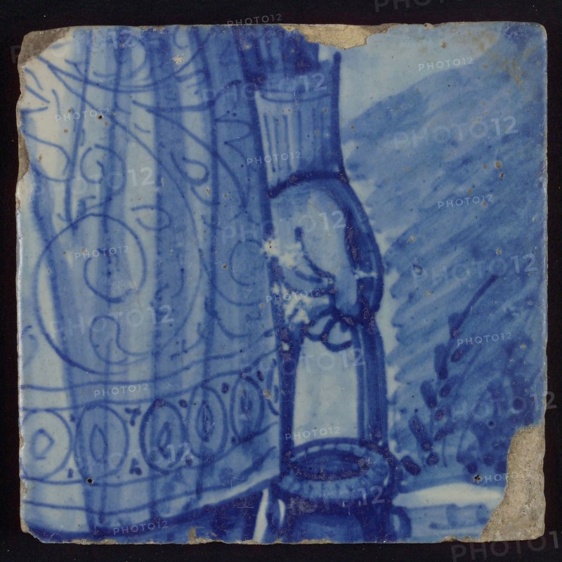 Tile with blue skirt and hand with bucket, tile picture footage fragment ceramics pottery glaze, d 1.2
