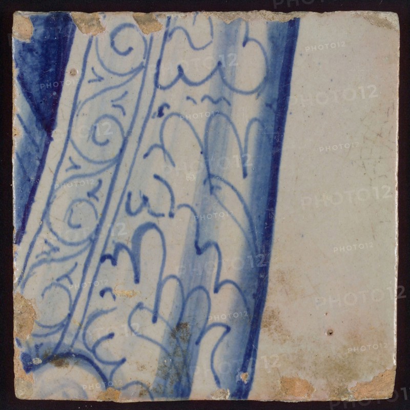 Tiles with blue part of decorated clothing, tile picture footage fragment ceramics pottery glaze, d 1.3