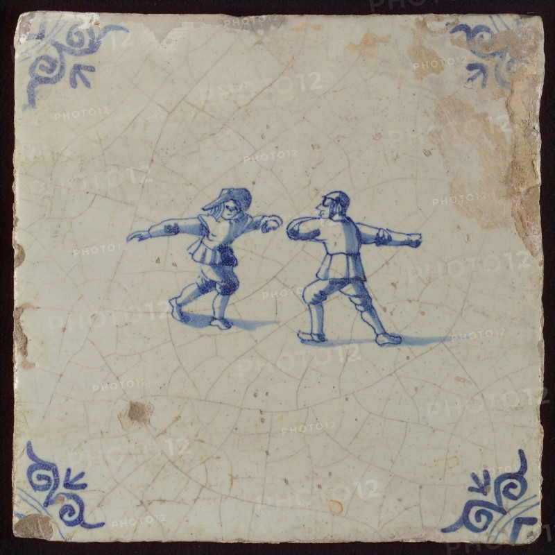 Scene tile, double child's play, children fighting, Corner motif ox's head, wall tile tile sculpture ceramic earthenware glaze