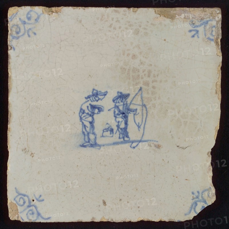 Scene tile, double child's play, fish, corner motif ox's head, wall tile tile sculpture ceramic earthenware glaze, baked 2x