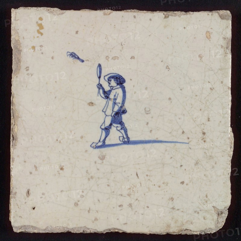 Scene tile, child's play, feather ball, wall tile tile sculpture ceramics pottery glaze tin glaze, in form made baked glazed