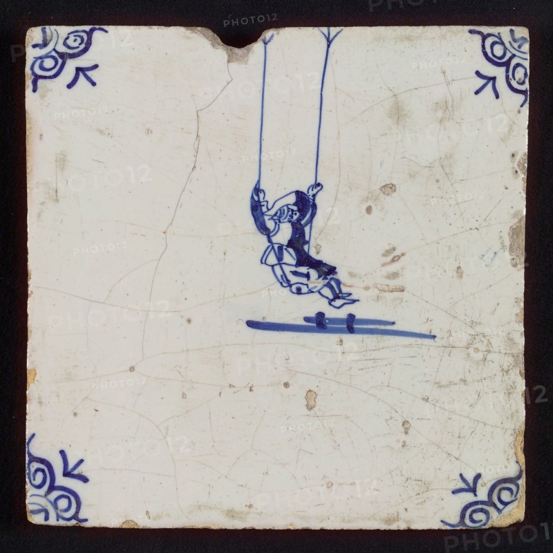 Scene tile, child's play, rocking, corner motif ox's head, wall tile tile sculpture ceramic earthenware enamel tinglage
