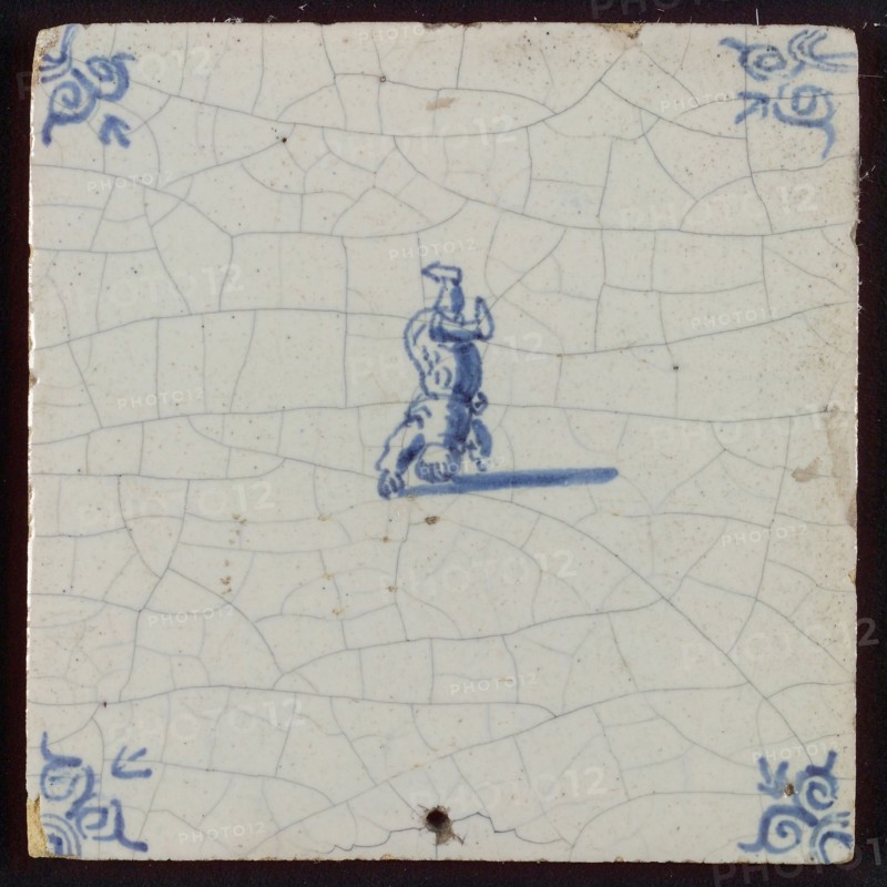 Scene tile, child's play, headstand, corner motif ox's head, wall tile tile sculpture ceramic earthenware glaze, baked 2x glazed