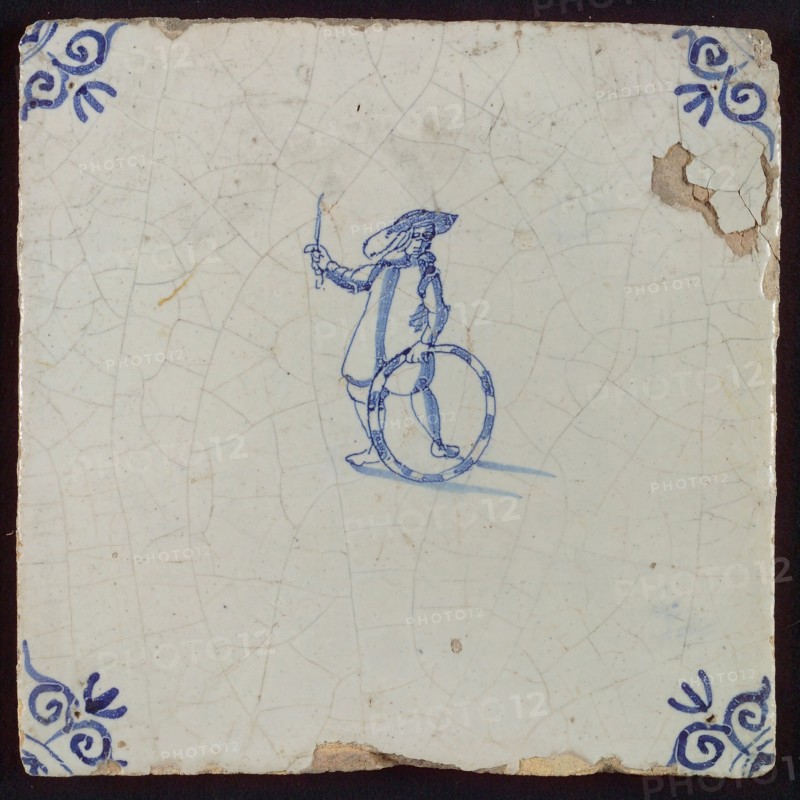Scene tile, child's play, hoops, corner motif ox's head, wall tile tile sculpture ceramic earthenware glaze, baked 2x glazed