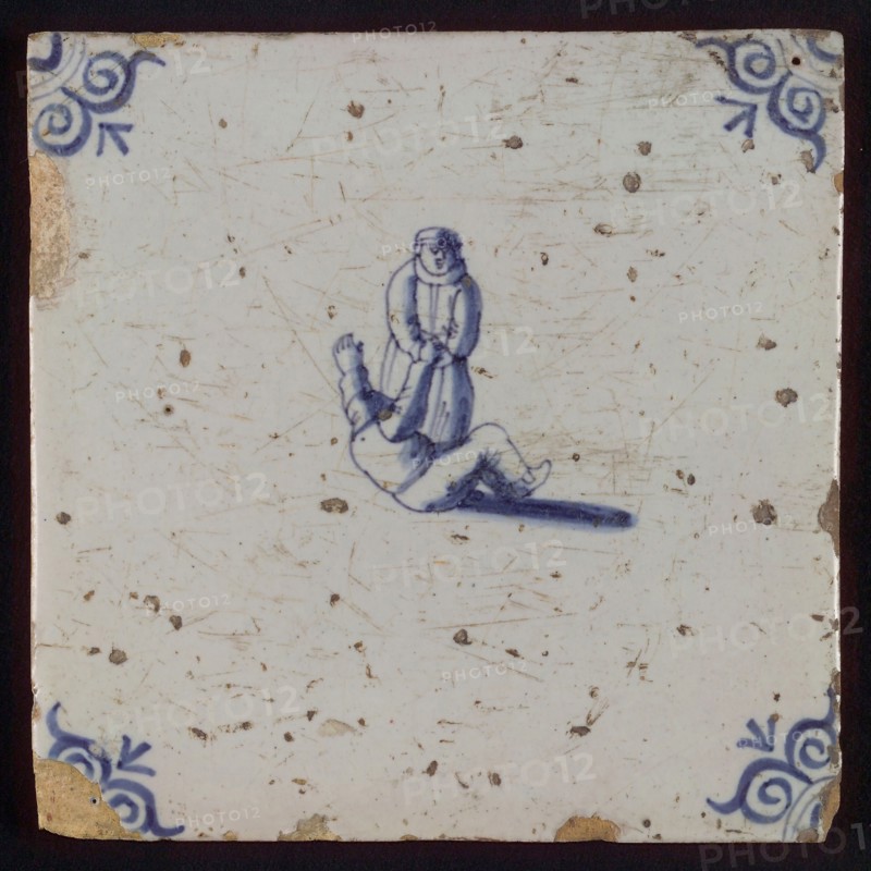 Scene tile, child's play, two children playing around, corner motif ox's head, wall tile tile sculpture ceramic earthenware