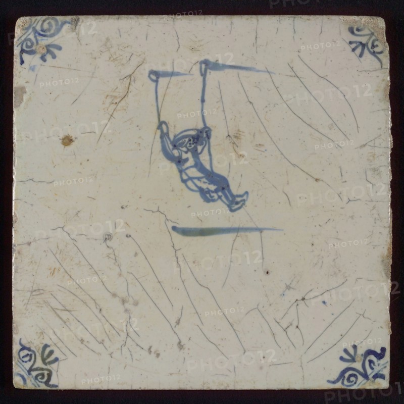 Scene tile, child's play, rocking, corner motif ox's head, wall tile tile sculpture ceramics pottery glaze tin glaze, in form