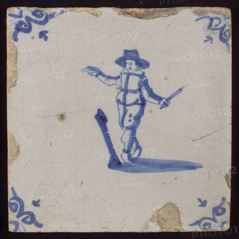 Scene tile, child's play, tipping, corner motif ox's head, wall tile tile sculpture ceramic earthenware glaze, baked 2x glazed