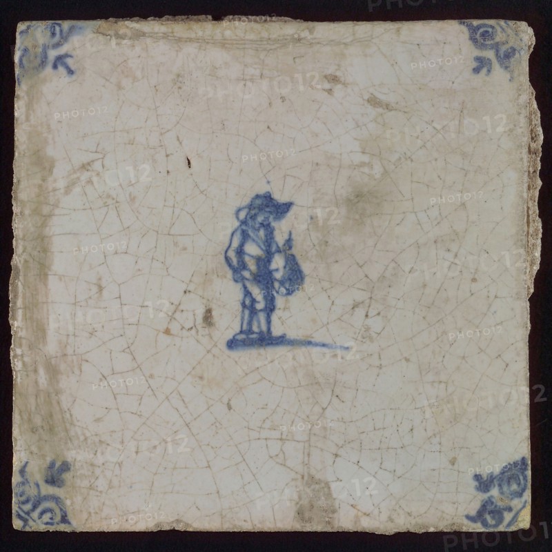 Scene tile, child's play, drumming, corner motif ox's head, wall tile tile image ceramics pottery glaze, baked 2x glazed painted