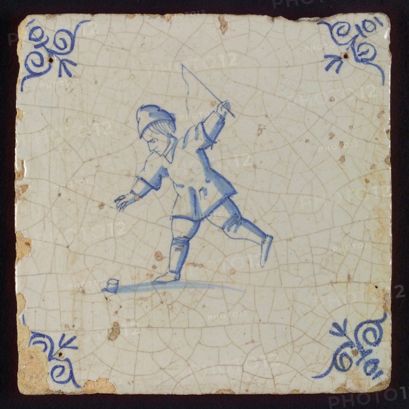 Scene tile, child's play, child with toll, corner motif ox's head, wall tile tile sculpture ceramic earthenware glaze, baked 2x