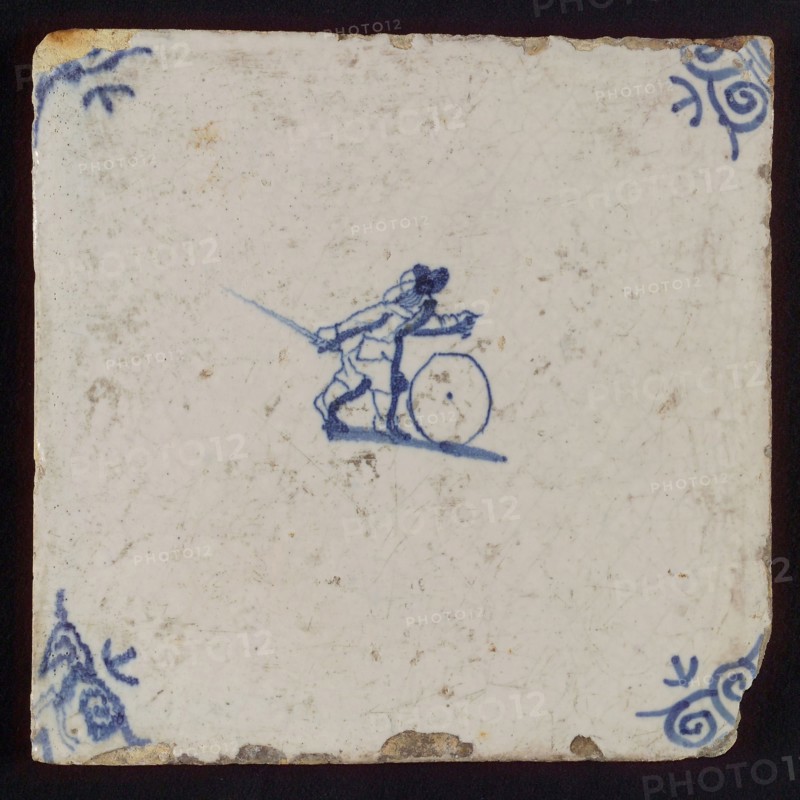 Scene tile, child's play, child with hoop, corner pattern ox's head, wall tile tile sculpture ceramic earthenware enamel