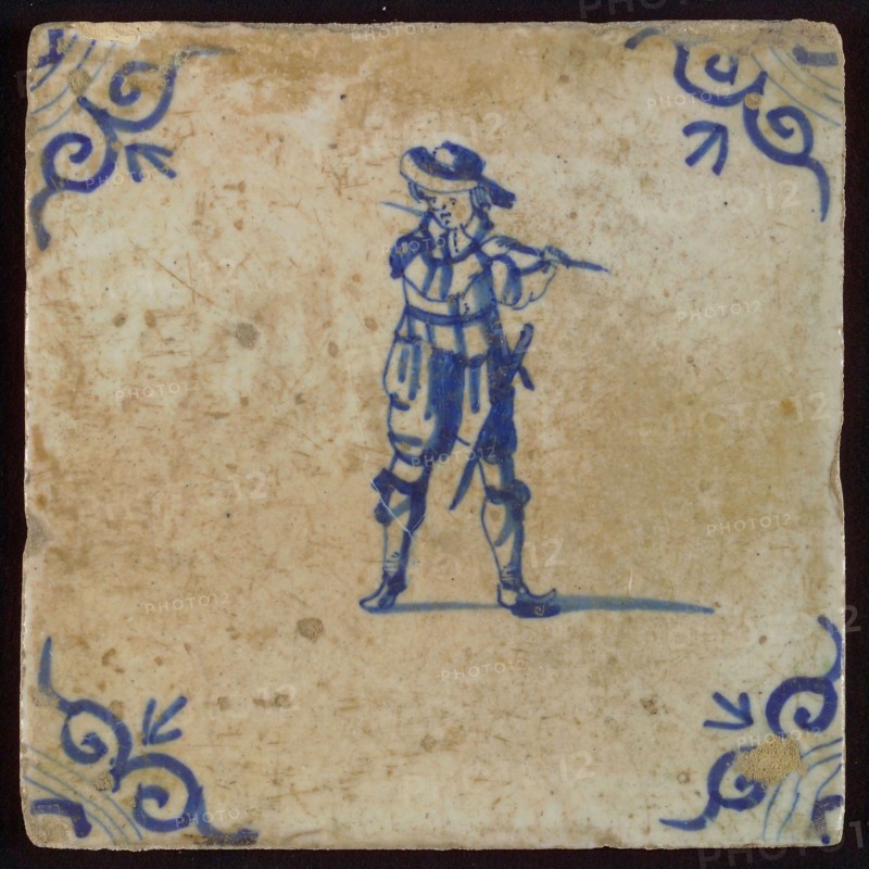 Scene tile, child's play, playing soldier, corner motif ox's head, wall tile tile sculpture ceramic earthenware glaze, baked 2x