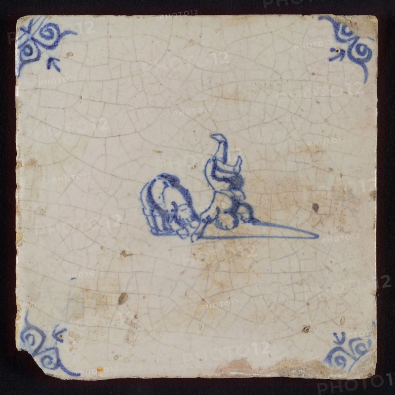 Scene tile, double child's play, on the head and with bump, corner pattern ox's head, wall tile tile sculpture ceramic